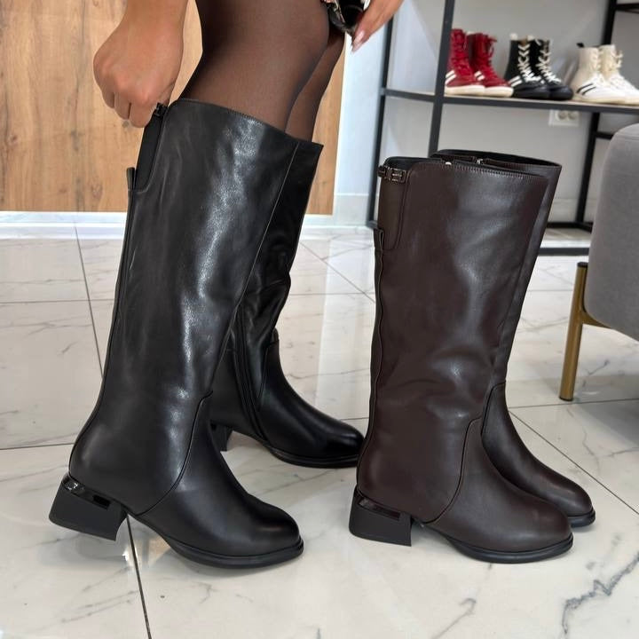 Women's leather winter boots with a block heel